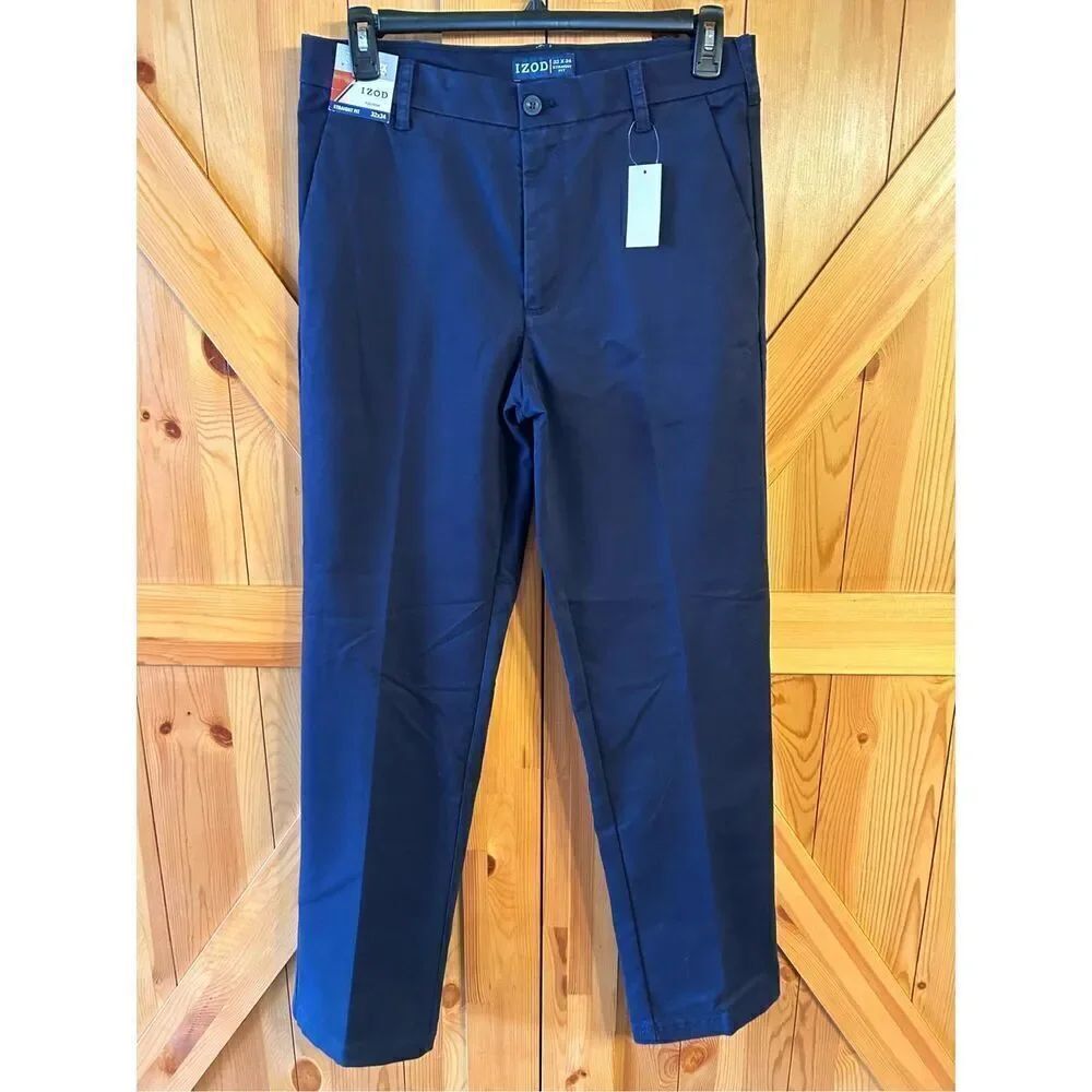 IZOD Pants Straight Fit Mens 32x34 Flat Front cotton/Polyester Navy Blue Nwt (44